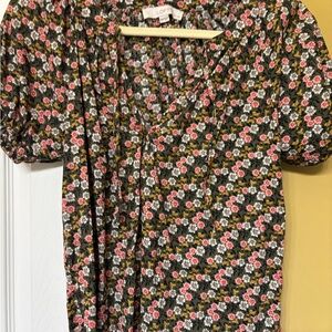 LOFT Floral Print Blouse - Black, Pink, White